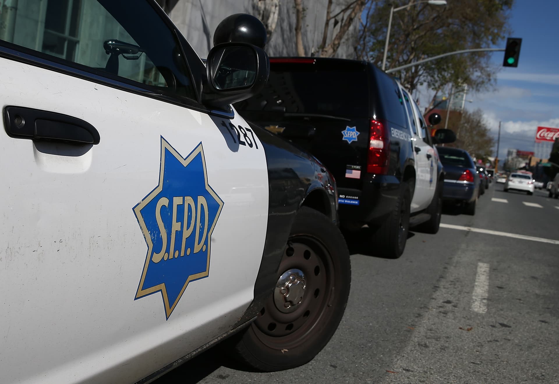 Police cars in front of the Hall of Justice in San Francisco on Feb. 27, 2014.  (Justin Sullivan/Getty Images)