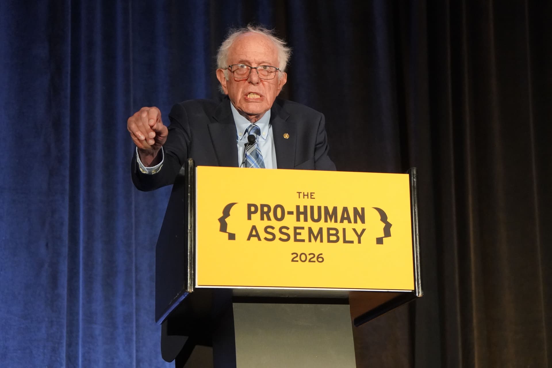 Sen. Bernie Sanders (I-Vt.) addresses the Pro-Human Assembly, a conference of critics of artificial intelligence, in Washington on Sept. 15, 2026. (Nathan Worcester/The Epoch Times)