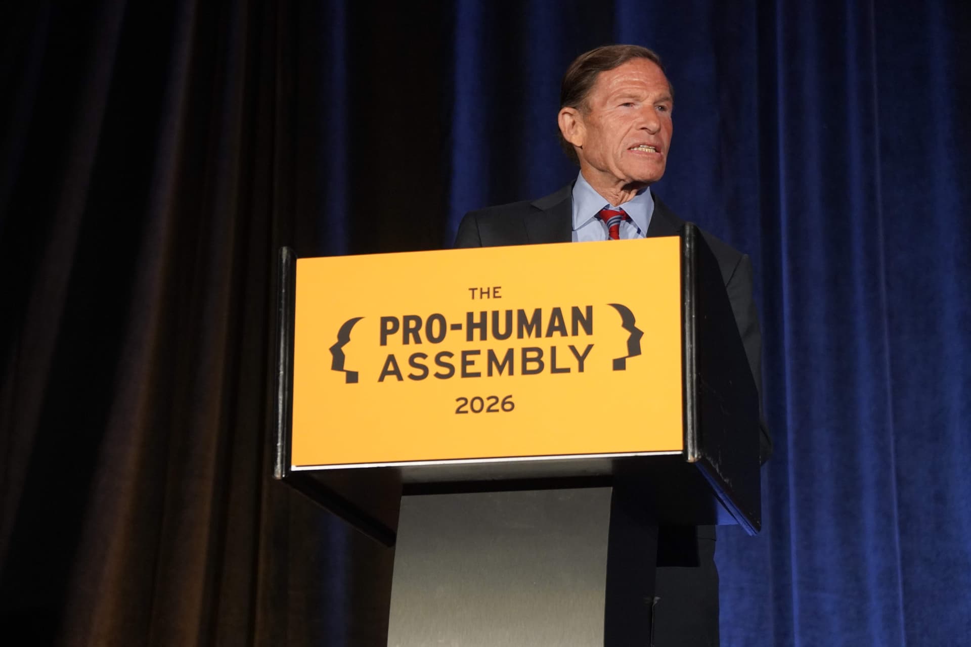 Sen. Richard Blumenthal (D-Conn.) at the Pro-Human Assembly on artificial intelligence in Washington on Sept. 15, 2026 (Nathan Worcester/The Epoch Times).