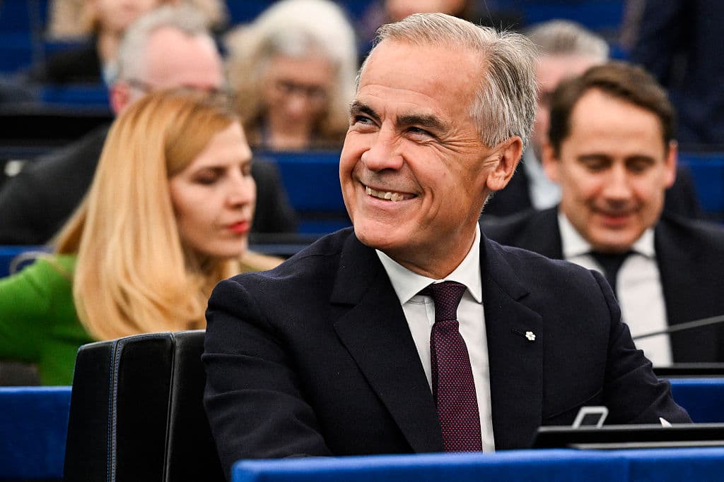 Canadian Prime Minister Mark Carney smiles as he listens to the European Commission president deliver a speech during her annual state of the union address at a plenary session of the European Parliament in Strasbourg, France, on Sept. 16, 2026. (Jean-Christophe Verhaegen/AFP via Getty Images)