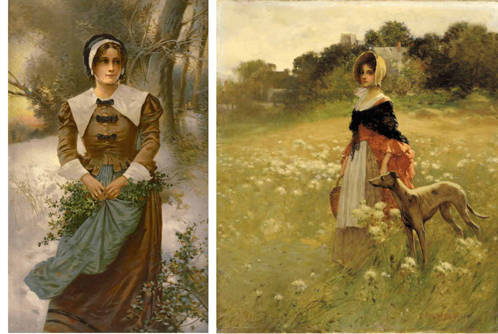 (Left) “A Fair Puritan,” by Edward Percy Moran. (Right) “Young Girl and Dog,” 1890, by Edward Percy Moran. Smithsonian American Art Museum. (Public Domain)