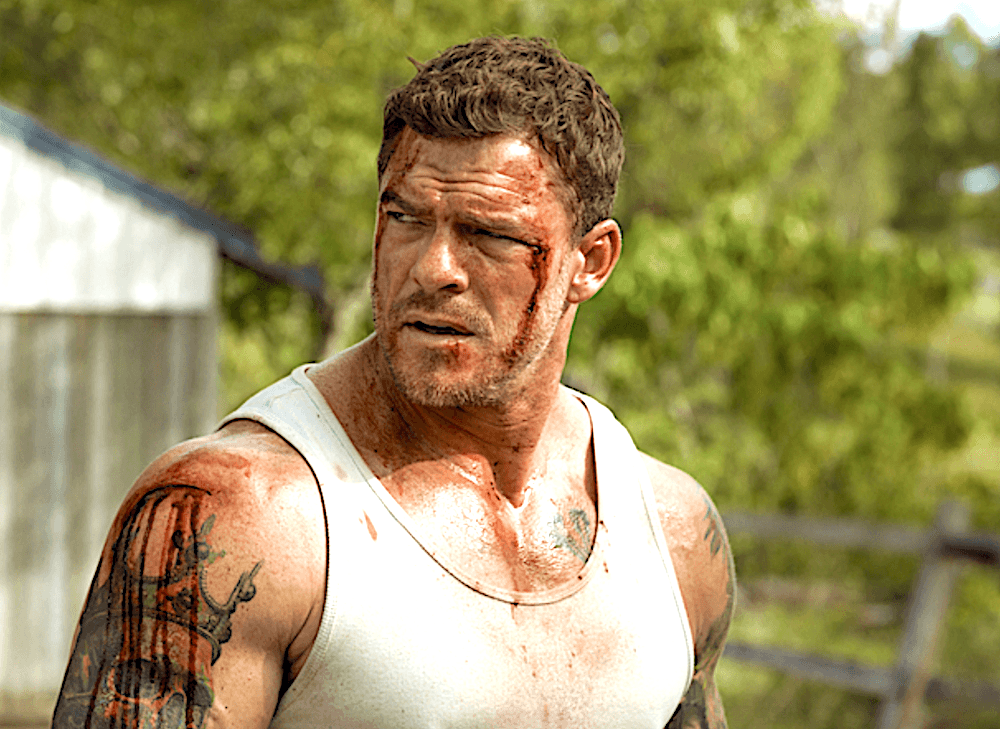 Hank (Alan Ritchson) showing a bit of wear and tear after a prolonged attempt to deliver an organ to on time, in "Runner." (Angel Studios)