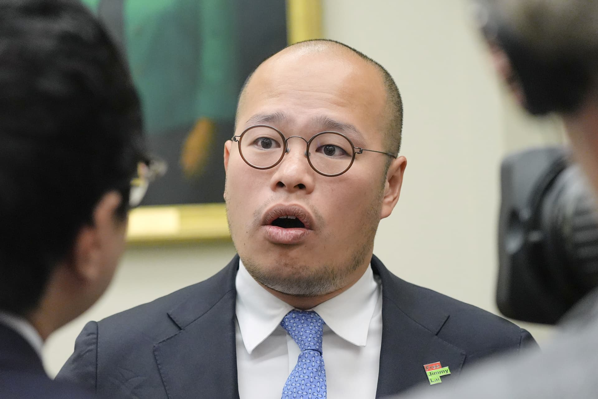 Sebastien Lai speaks with reporters after a Congressional-Executive Commission on China hearing regarding the continued imprisonment of his father, Jimmy Lai, on Capitol Hill on Sept. 16, 2026. (Mariam Zuhaib/AP Photo)