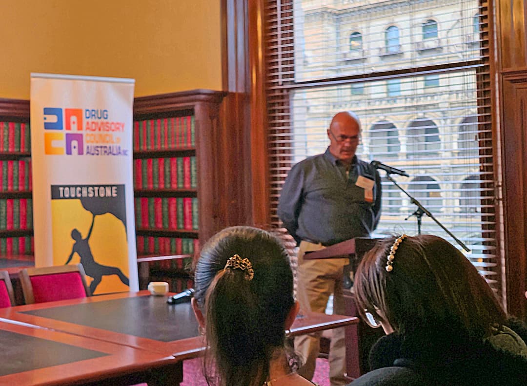 Peter Lyndon-James, founder of Shalom House rehabilitation centre in Perth, Western Australia, speaks at briefing organised by the Drug Advisory Council of Australia at Victoria Parliament on Aug. 19, 2026. (Henry Jom/The Epoch Times)