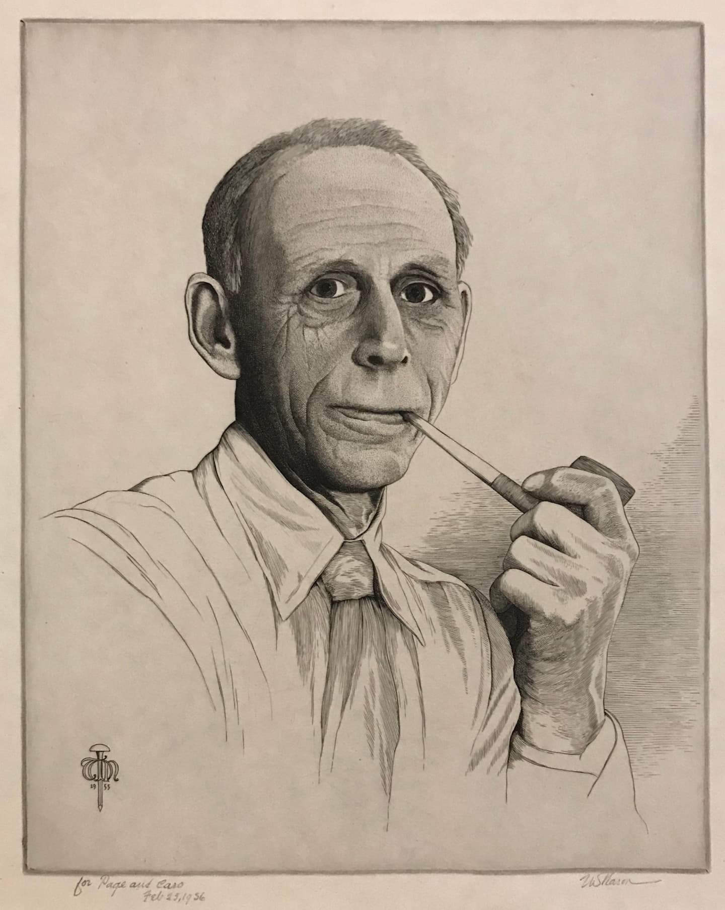 The artist's self-portrait, 1955, by Thomas Willoughby Nason. Copper engraving; 9 3/4 inches by  7 3/4 inches. (Courtesy of The Cooley Gallery)
