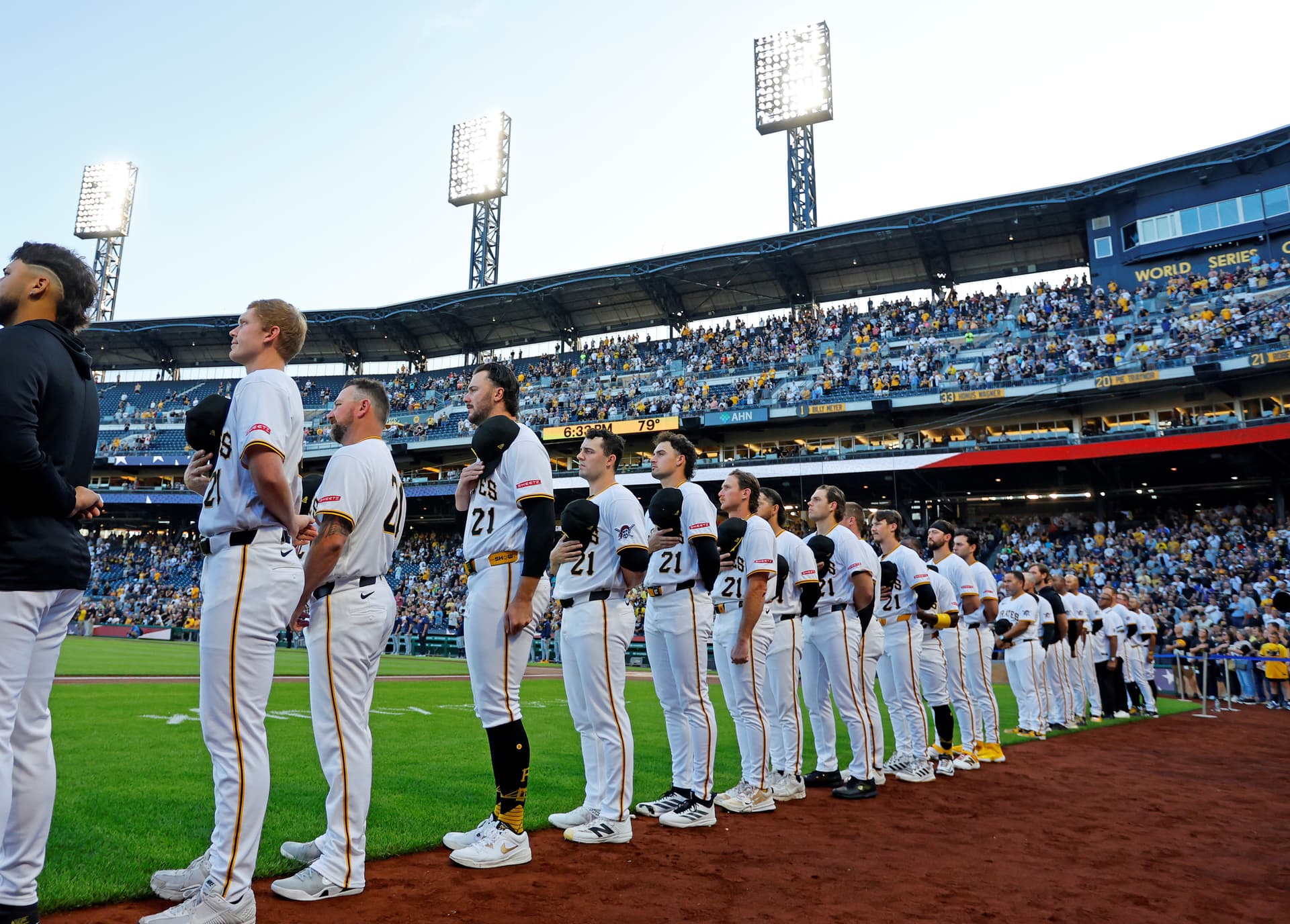 The Pittsburgh Pirates stand during the National Anthem before the game against the Milwaukee Brewers at PNC Park in Pittsburgh, Pa., on Sept. 15, 2026.  (Justin K. Aller/Getty Images)