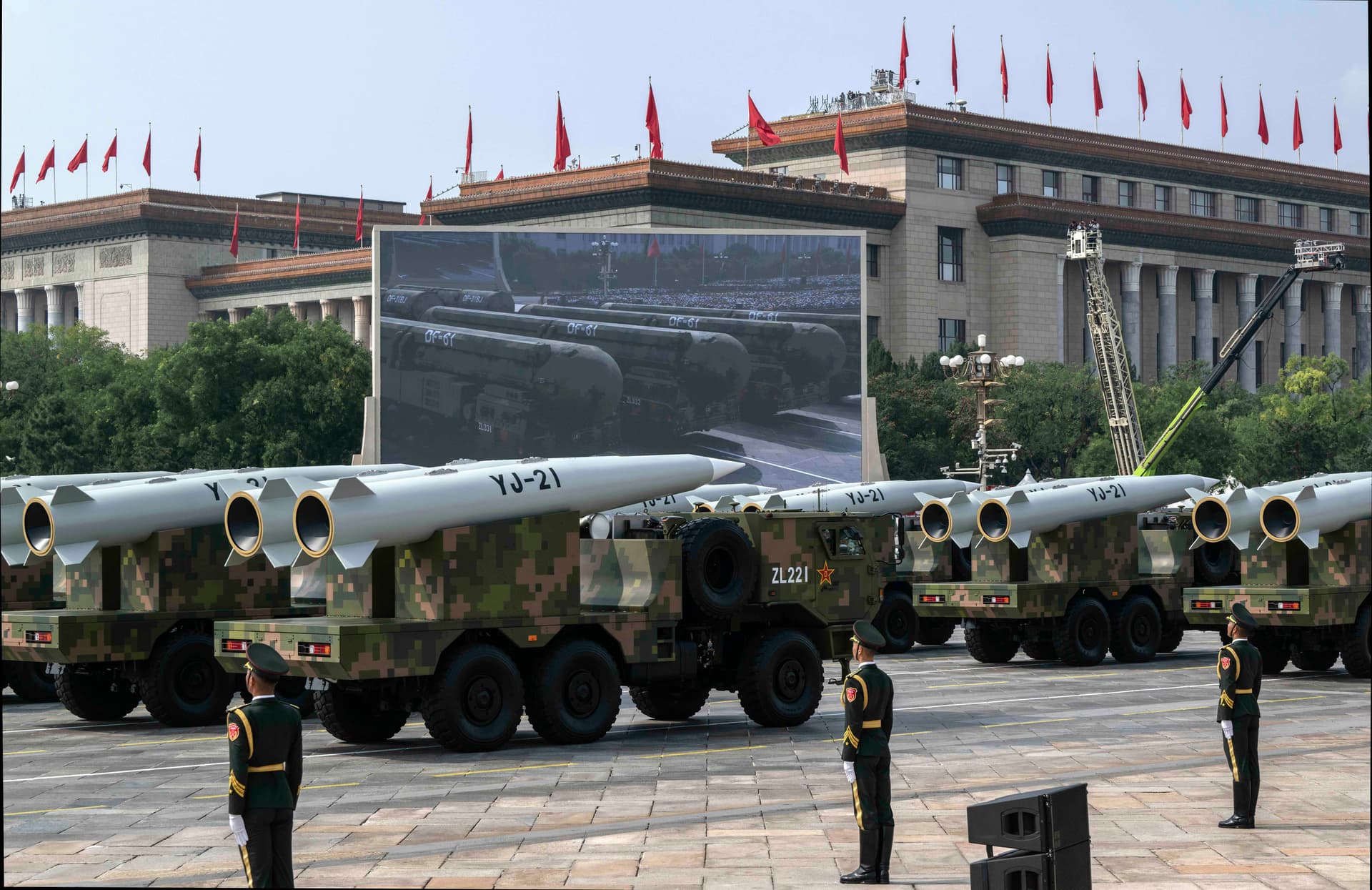 The new YJ 21 hypersonic anti-ship missile is seen on trucks during a military parade marking the 80th anniversary of victory over Japan and the end of World War II, in Tiananmen Square in Beijing on Sept. 3 (Kevin Frayer/Getty Images)