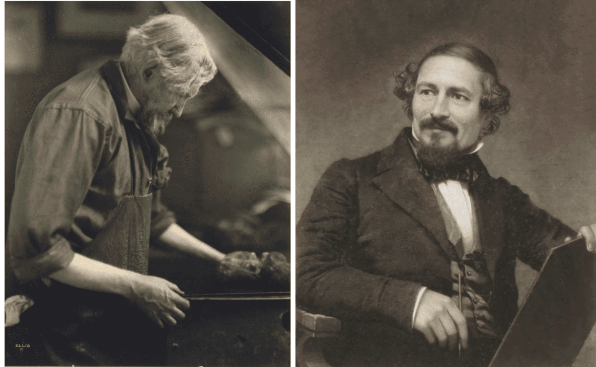 (Left) A portrait of Joseph Pennell working at a printing press, 1922, by William Shewell Ellis. Photography. Library of Congress. (Public Domain) (Right) John Sartain, 1875. Engraving. (Public Domain)