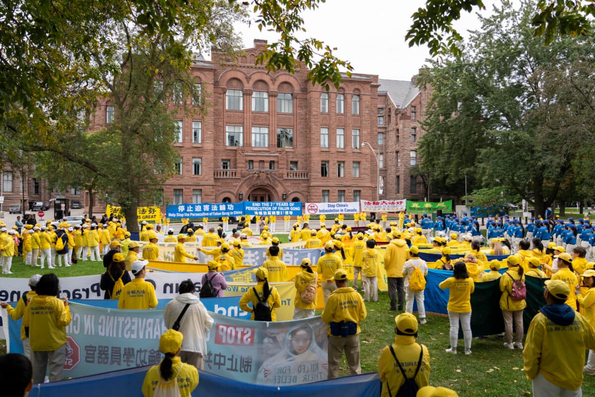 Falun Gong practitioners and supporters hold a rally at Queen's Park to call for an end to the Chinese regime's persecution and transnational repression, in Toronto on Sept. 19, 2026. (Evan Ning/The Epoch Times)