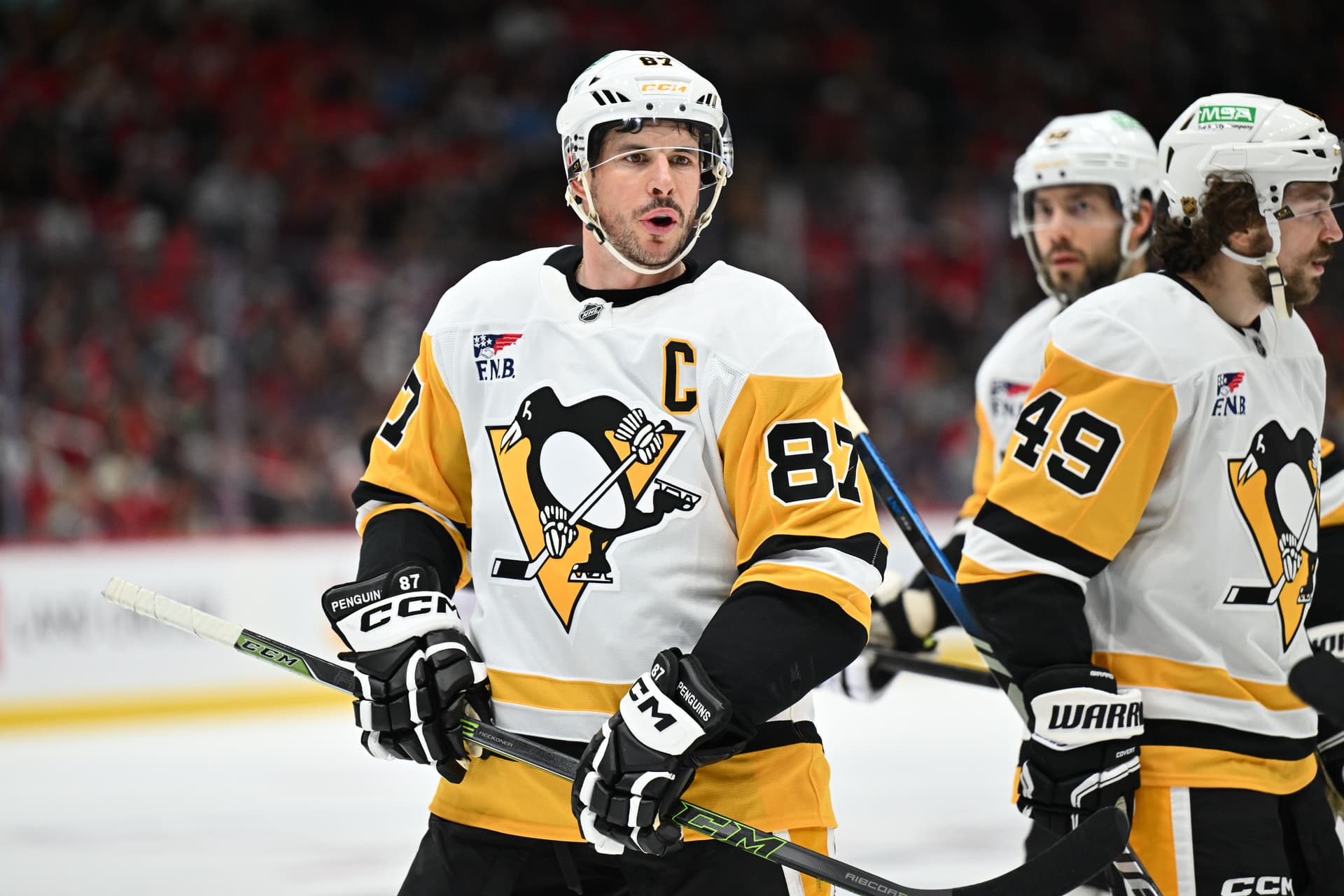 Sidney Crosby (87) of the Pittsburgh Penguins skates against the Washington Capitals at Capital One Arena in Washington on April 12, 2026. (Jamie Sabau/Getty Images)