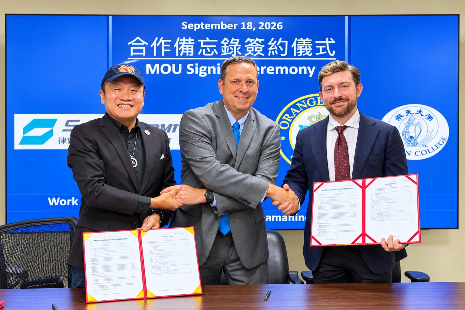 On Sept. 18, New York’s Orange County delegation signed two memoranda of understanding with SteadyBeat Technology in Hsinchu, Taiwan. (L–R): SteadyBeat Technology Chairman George Hsueh, Orange County Executive Steve Neuhaus, and Orange County Partnership President and CEO Conor Eckert. (Austina Tai/The Epoch Times)