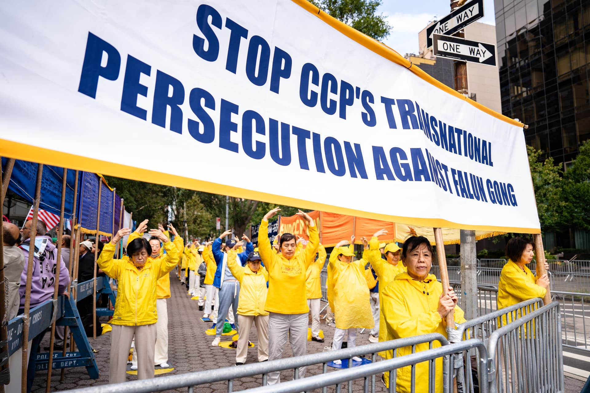 Falun Gong practitioners outside U.N. headquarters in New York City on Sept. 22, 2026. (Samira Bouaou/The Epoch Times)