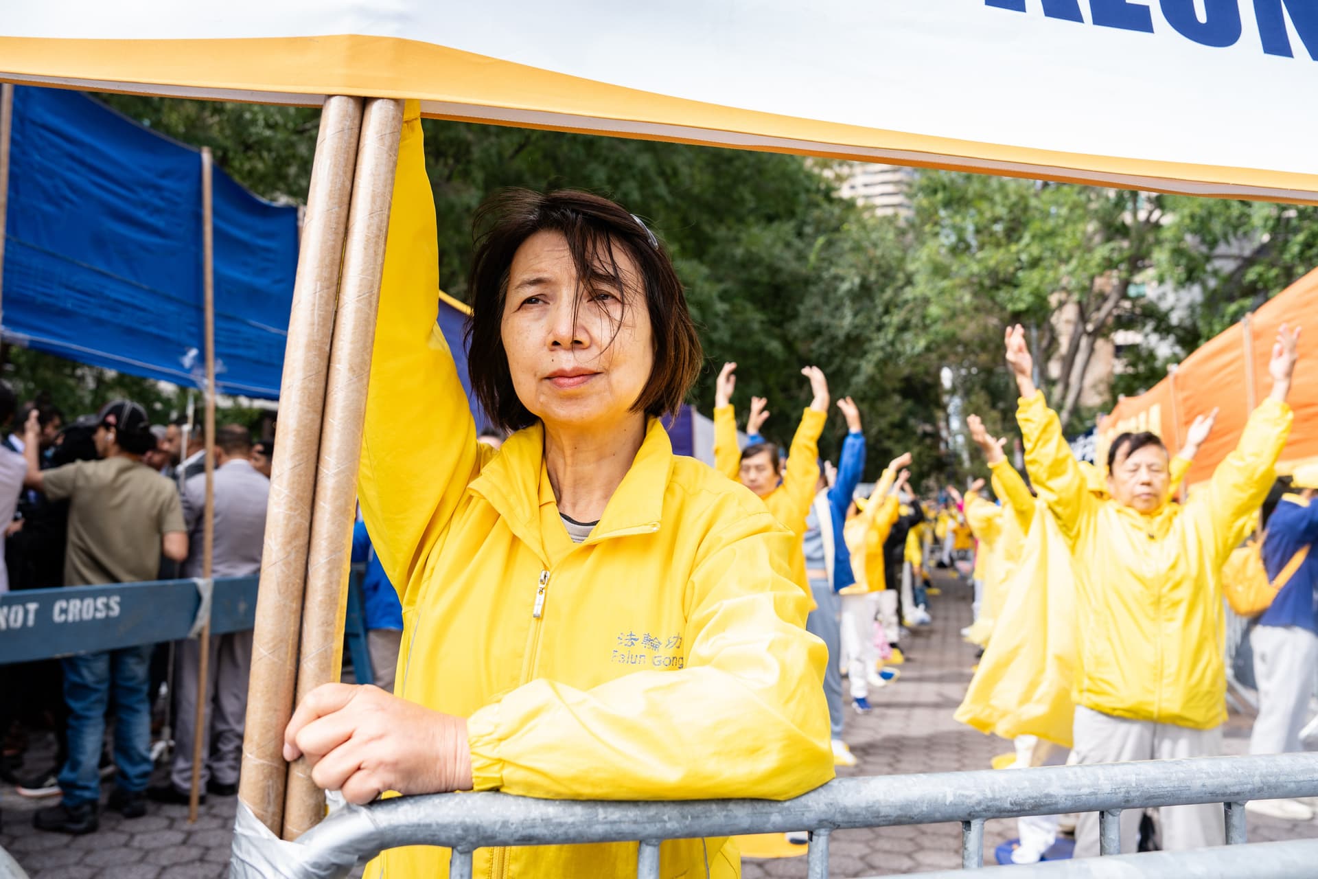 Falun Gong practitioners demonstrate outside U.N. headquarters in New York City on Sept. 22, 2026. (Samira Bouaou/The Epoch Times)