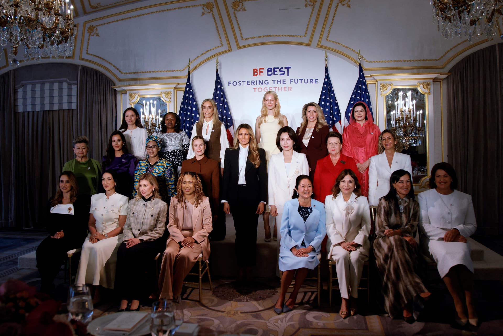 First Lady Melania Trump (C) poses for a photo with spouses of world leaders at a news conference to announce the expansion of her Fostering the Future Together coalition in New York City on Sept. 22, 2026. (Leonardo Munoz/AFP via Getty Images)