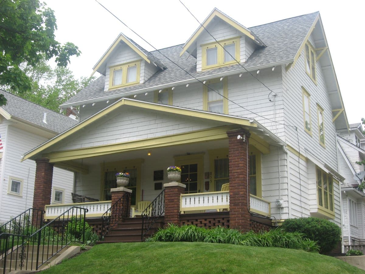 Front of the Dr. Robert Smith House, located at 855 Ardmore Ave. in Akron, Ohio. During the 1930s, Robert Smith founded a support group for alcoholics here with his acquaintance Bill Wilson; it grew into Alcoholics Anonymous. Built in 1914 and operated as a museum by an AA-affiliated group, it was listed on the National Register of Historic Places in 1985 and was designated a National Historic Landmark in 2012. (Public Domain)