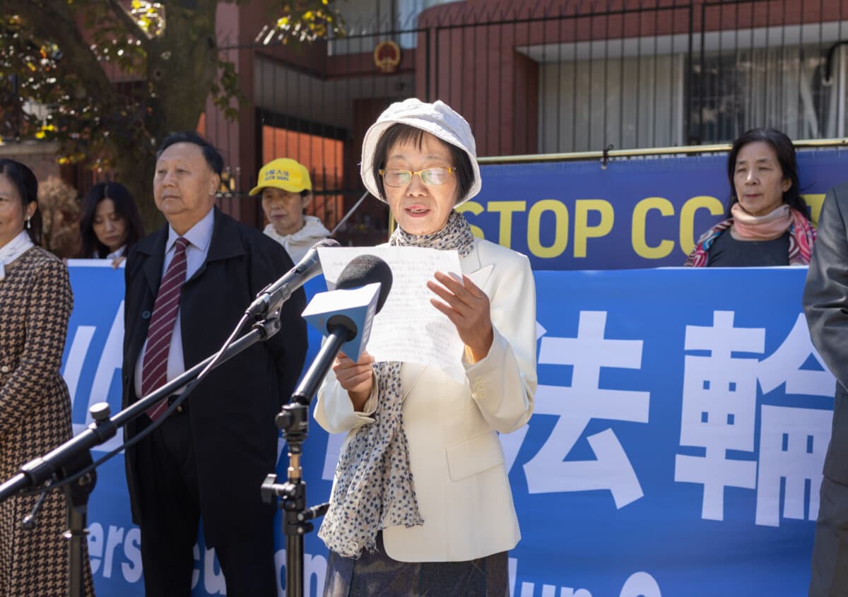 Lina Li, who was attacked by a man as she was raising awareness about the persecution of Falun Gong outside the Chinese Consulate in Toronto on Sept. 22, 2026, speaks at a press conference outside the consulate on Sept. 24, 2026. (The Epoch Times)