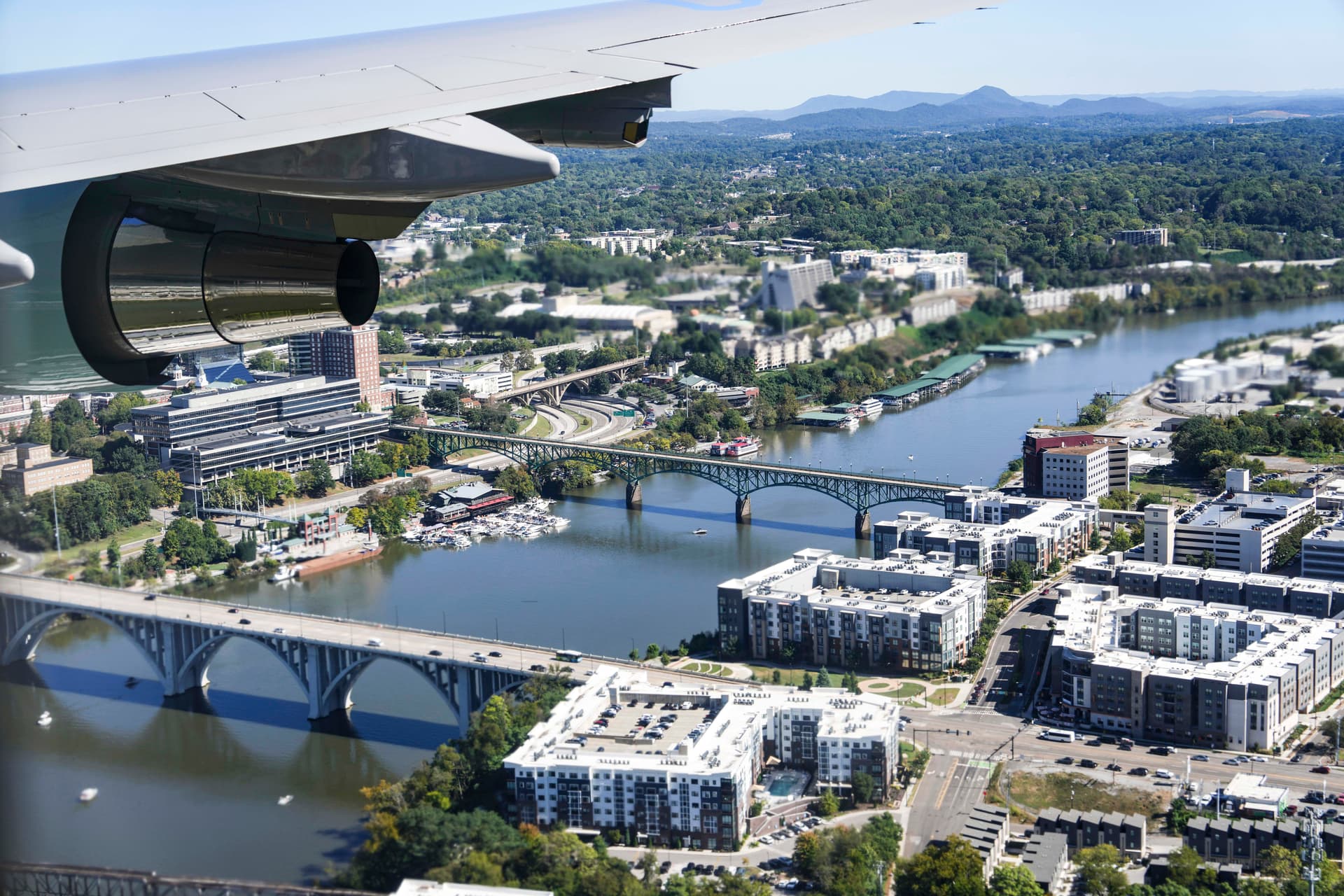 The wing of Air Force One, with President Donald Trump on board, is pictured as the plane flies over Knoxville, Tenn., en route to an NCAA college football game between Tennessee and Texas, on Sept. 26, 2026. (Julia Demaree Nikhinson/AP Photo)