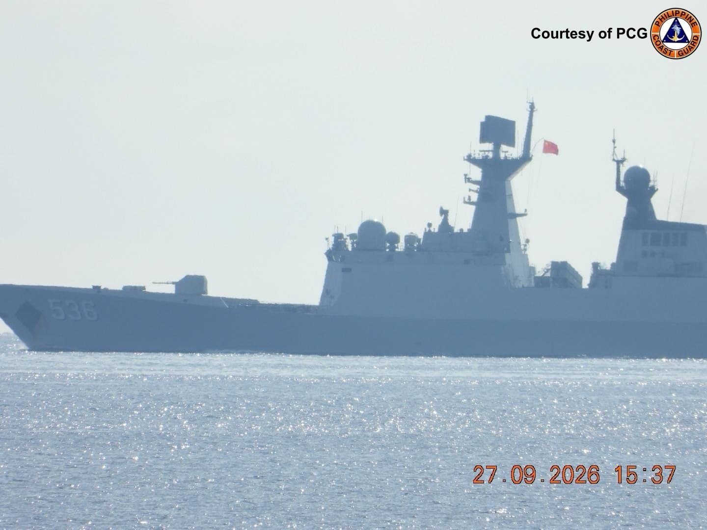 A Philippine Coast Guard vessel shadows three People’s Liberation Army Navy warships about 31 nautical miles northwest of Cabra Island in Occidental Mindoro, Philippines, on Sept. 27, 2026. (Courtesy of Philippine Coast Guard)