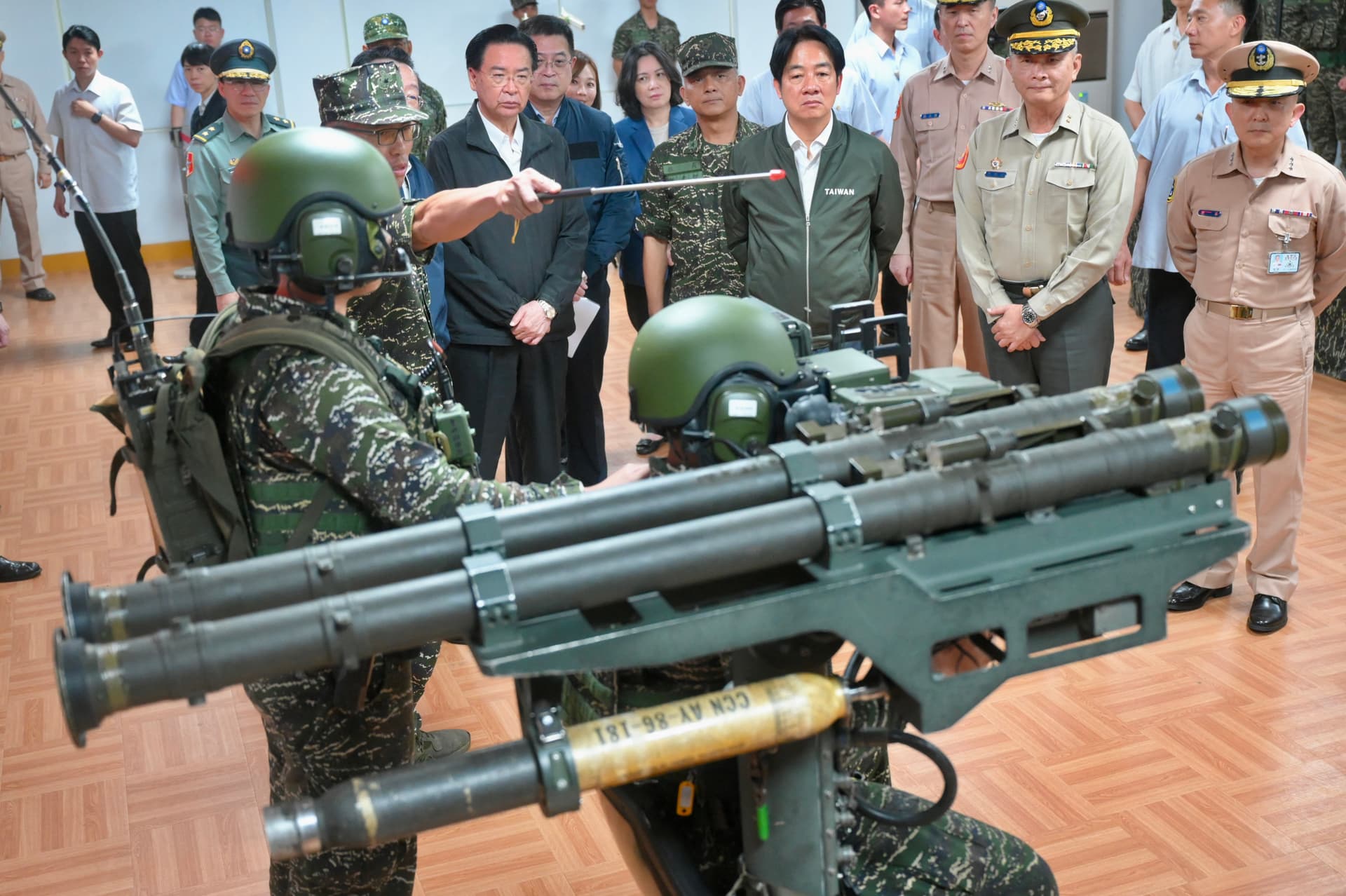 Taiwanese President Lai Ching-te (C) watches a demonstration on the U.S.-made Stinger air-defense system during a visit to inspect military troops in Taoyuan, Taiwan, on May 23, 2024. (Sam Yeh/AFP via Getty Images)
