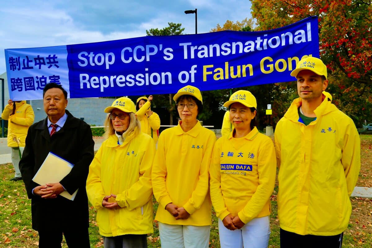 Falun Gong practitioners and supporters hold a rally outside Global Affairs Canada in Ottawa on Sept. 28, 2026, to ask the government to condemn the attack on Falun Gong practitioners that took place outside the Chinese Consulate in Toronto on Sept. 22, 2026. (Jonathan Ren/The Epoch Times)