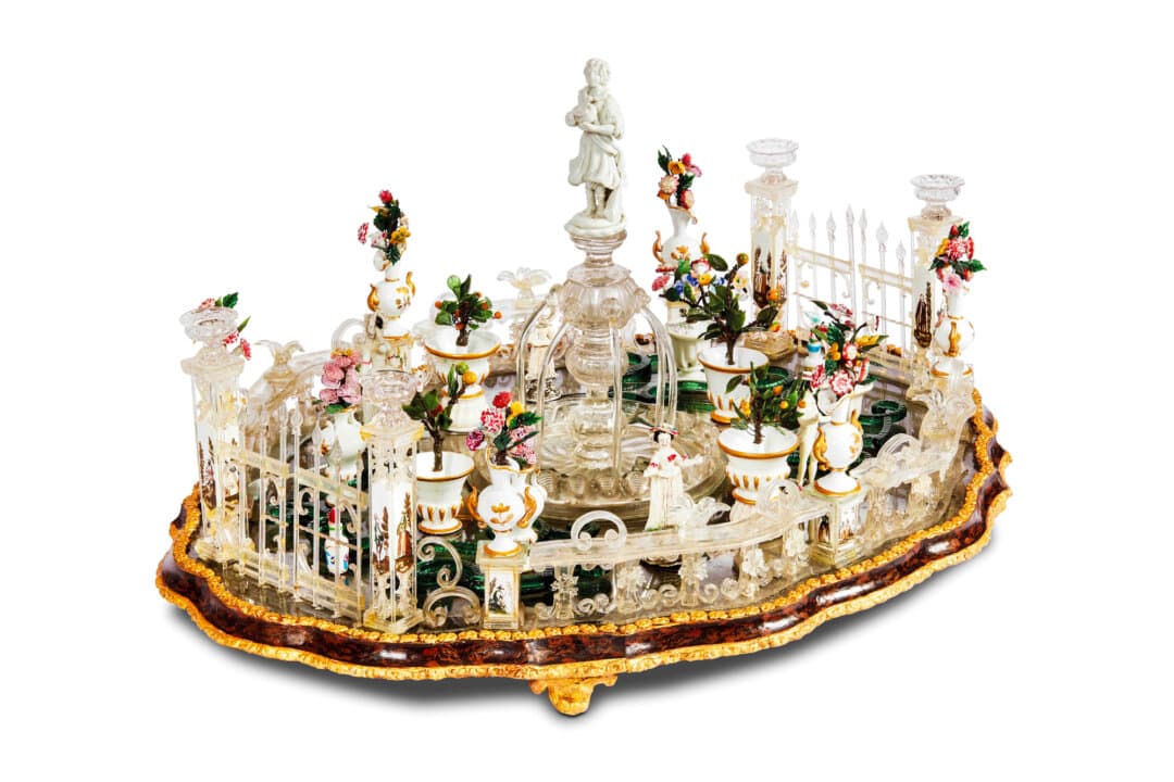 "Italian Garden," a mid-18th century Murano glass centerpiece displayed by the Tomaso Piva gallery at the 34th International Biennial of Antiques in Florence, Italy, from Sept. 26 through Oct. 4, 2026. (Courtesy of Tomaso Piva Gallery) 