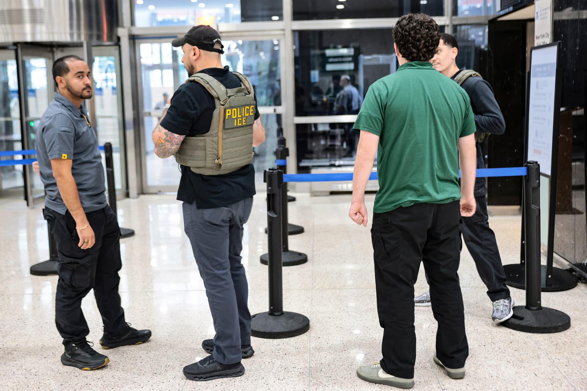Immigration and Customs Enforcement stand guard outside of their field office in New York on Sept. 1, 2026. (Michael M. Santiago/Getty Images)
