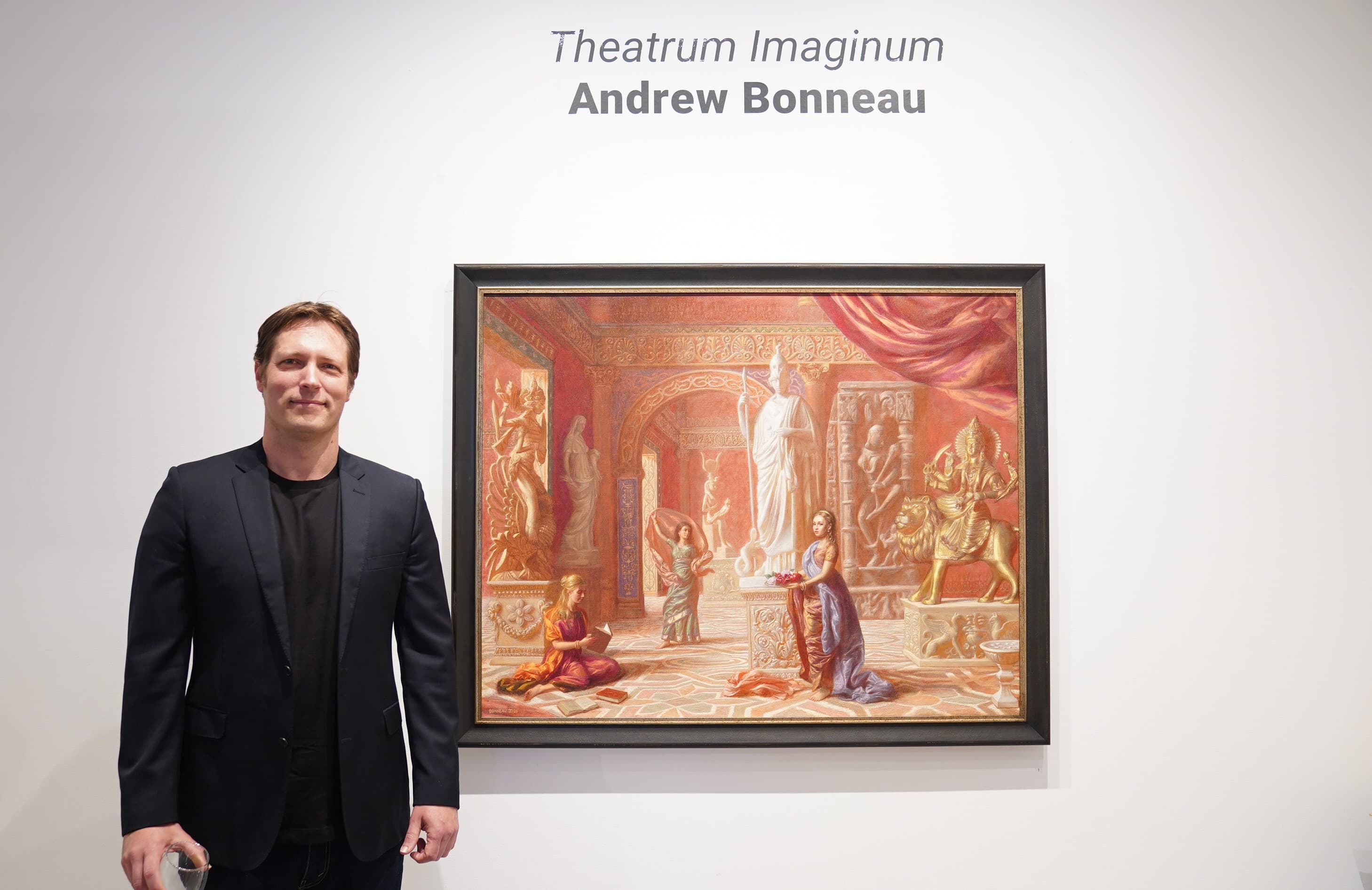 Andrew Bonneau standing in front of his oil painting, "House of the Goddess," during his exhibition at Lennox Street Gallery in Melbourne, Australia on Sept. 19, 2026. (Tien Nguyen/The Epoch Times)