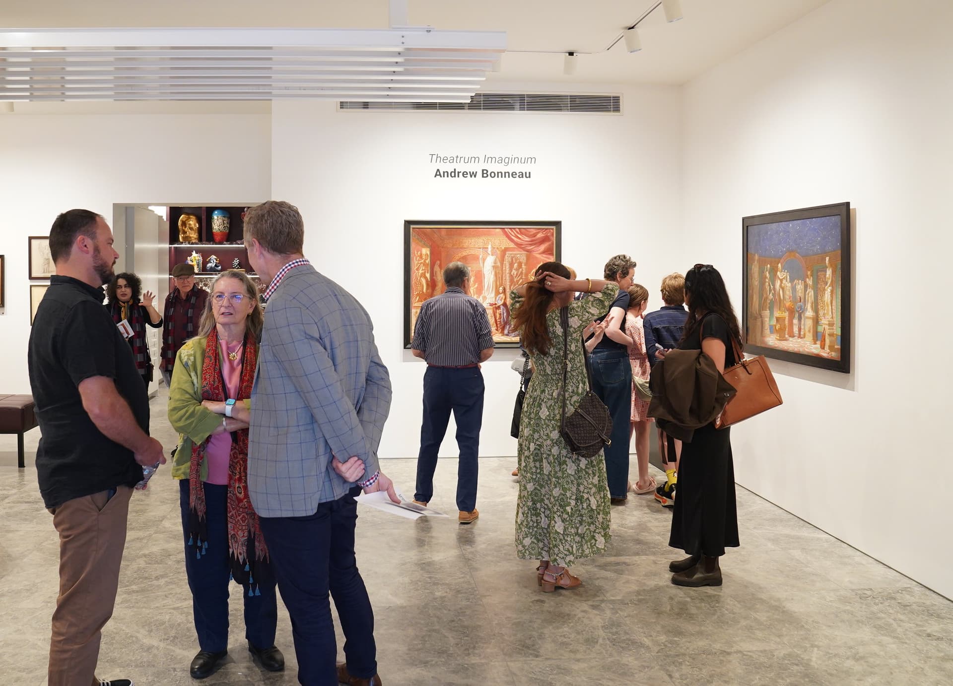 A crowd attends Andrew Bonneau's exhibit, "Theatrum Imaginum," at the Lennox Street Gallery in Melbourne, Australia on Sept. 19, 2026. (Tien Nguyen/The Epoch Times)