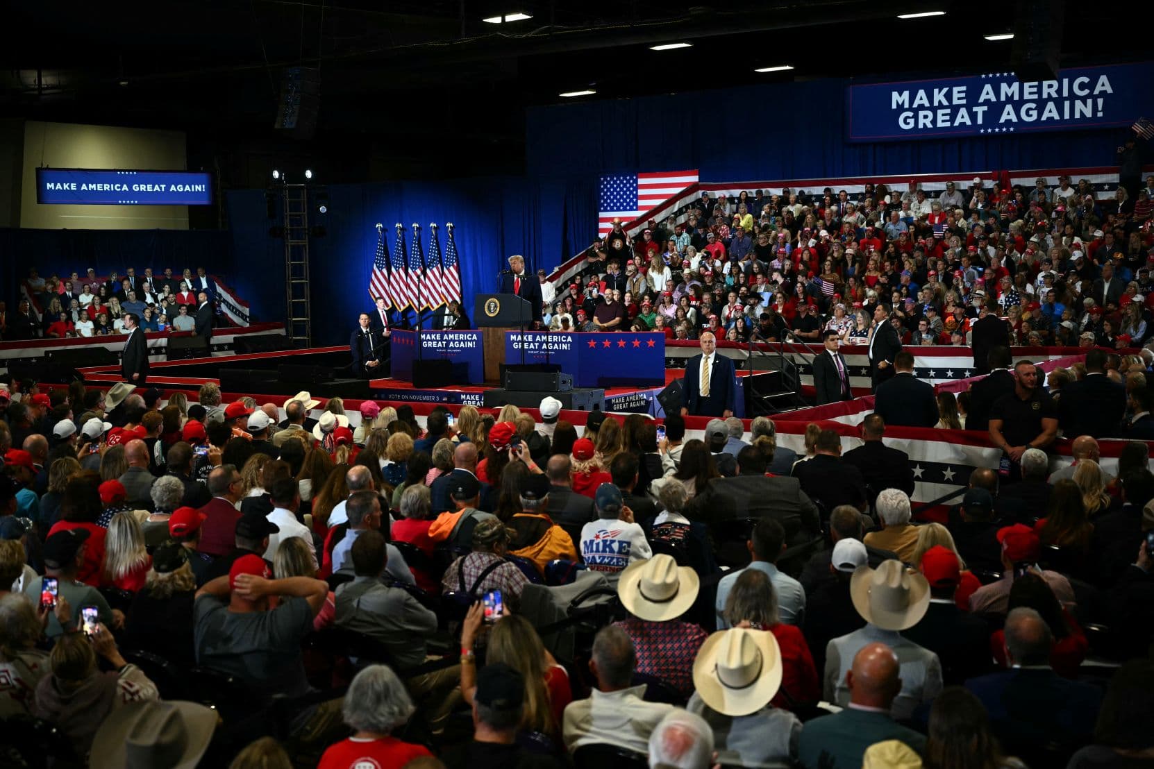 U.S. President Donald Trump speaks during a campaign rally at the Choctaw Event Center in Durant, Oklahoma, on Oct. 1, 2026. (Kent Nishimura/AFP via Getty Images)