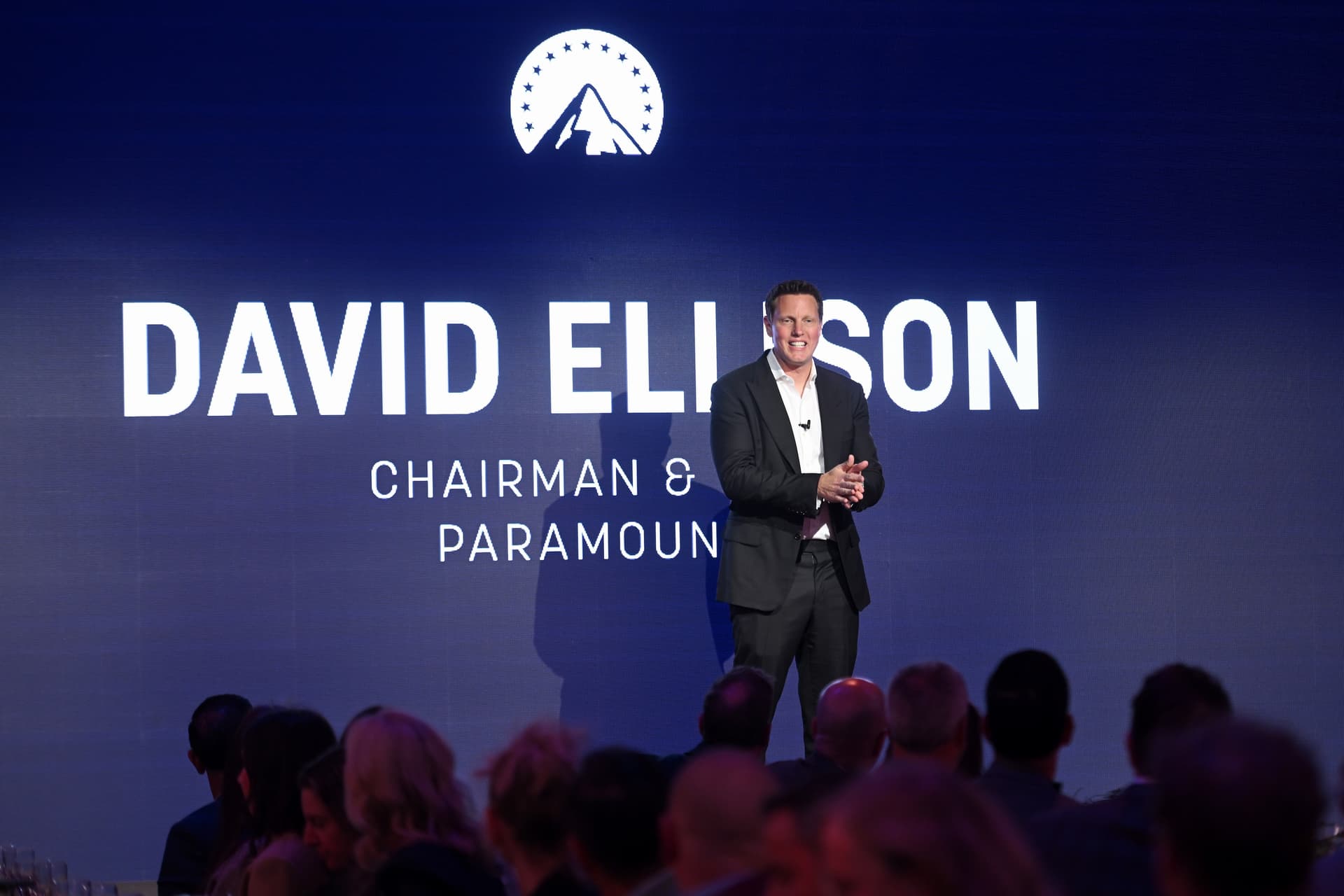 Paramount Skydance CEO David Ellison speaks on stage during New York Upfront Partnership Event 2026 at Storied NYC in New York City on April 22, 2026. (Noam Galai/Getty Images for Paramount)