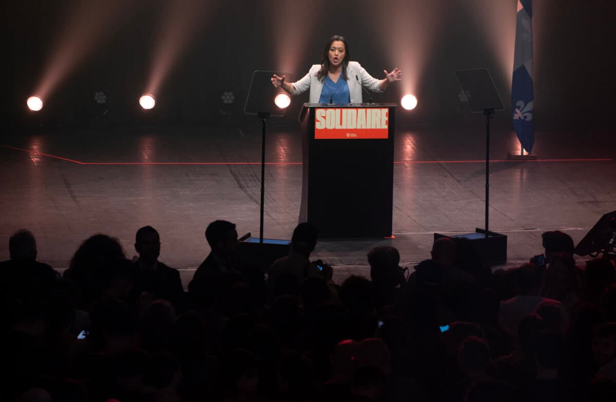 Quebec Solidaire co-spokesperson Ruba Ghazal speaks to supporters on the night of the Quebec provincial election, in Montreal on Oct. 5, 2026. (The Canadian Press/Peter McCabe)