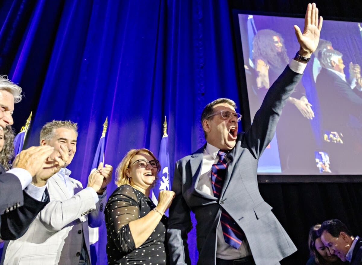 Quebec Conservative Party Leader Éric Duhaime walks on stage to speak to his supporters on election night in Levis, Que., on Oct. 5, 2026. (The Canadian Press/Natalia Duran)