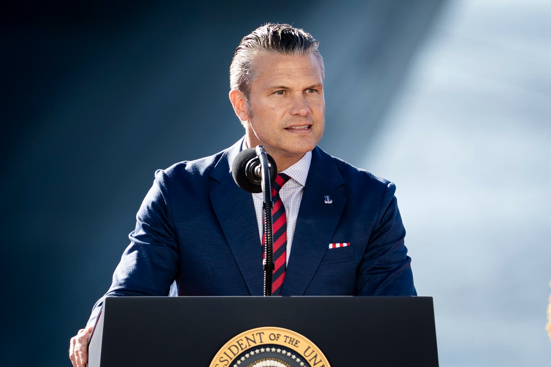War Secretary Pete Hegseth speaks at Anduril Industries in Sparrow Point, Md., on Oct. 6, 2026. (Madalina Kilroy/The Epoch Times)