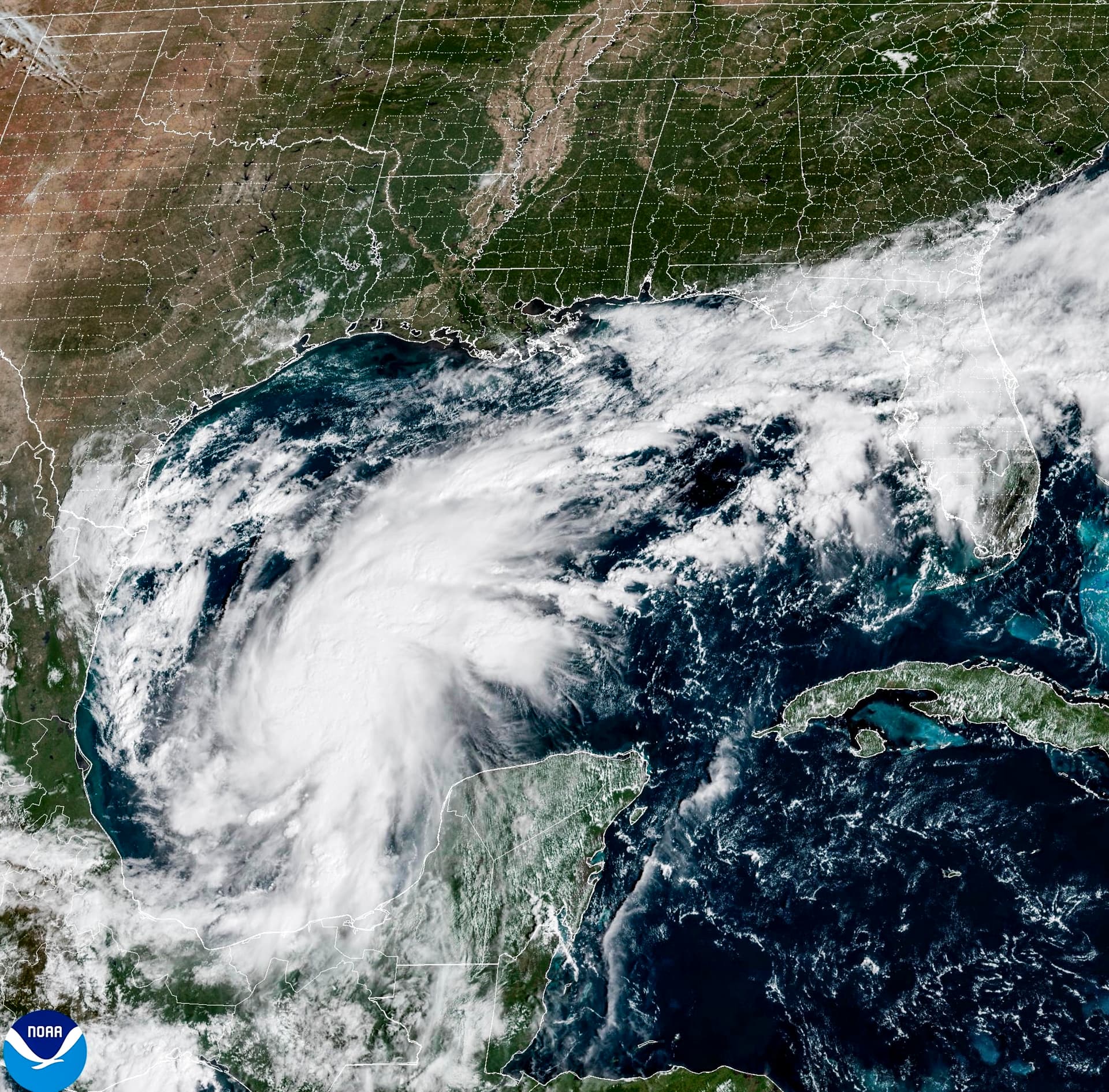 This satellite image from the National Oceanic and Atmospheric Administration shows Tropical Storm Isaias off the eastern coast of Mexico on Oct. 7, 2026. (National Oceanic and Atmospheric Administration via AP)