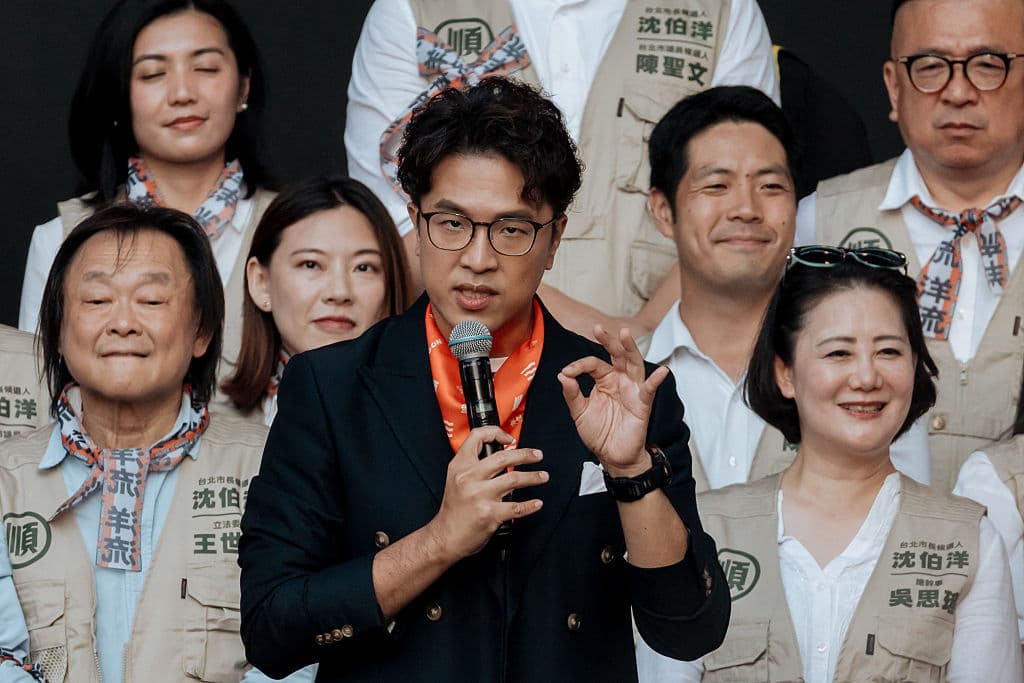 Democratic Progressive Party Taipei mayoral candidate Puma Shen outlines his campaign platform during the opening of his campaign headquarters in Taipei, Taiwan, on Oct. 4, 2026. (Cheng Yu-chen/AFP via Getty Images)
