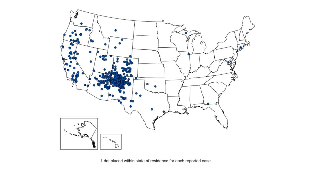 An undated map published by the Centers for Disease Control and Prevention shows where plague has occurred in the United States between 1970 and 2025. (CDC via The Epoch Times)