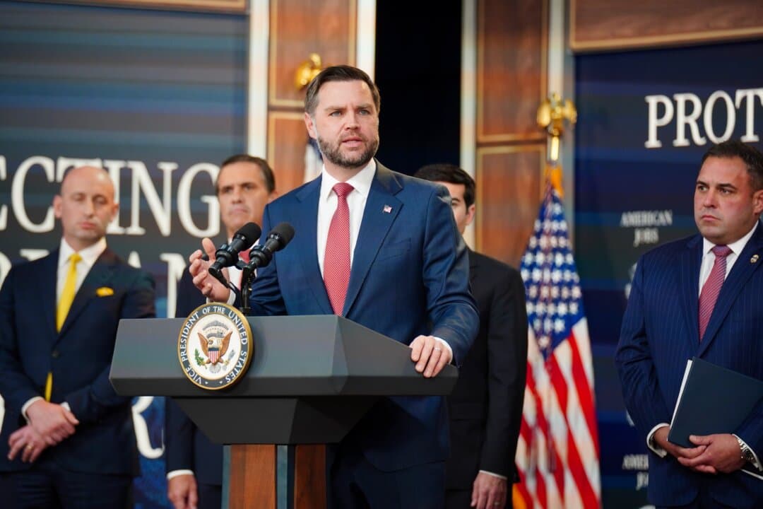 Vice President JD Vance speaks during a White House anti-fraud task force news conference at the Eisenhower Executive Office Building in Washington on Oct. 8, 2026. (Travis Gillmore/The Epoch Times)