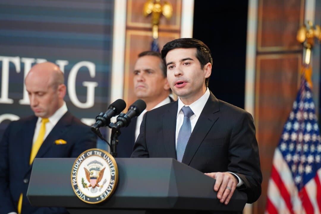 Labor Secretary Keith Sonderling speaks during a White House anti-fraud task force news conference in the Eisenhower Executive Office Building in Washington on Oct. 8, 2026. (Travis Gillmore/The Epoch Times)