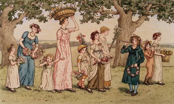 "May Day" by Kate Greenaway. Greenaway depicted children and teens in a variety of celebrations. (Public Domain)