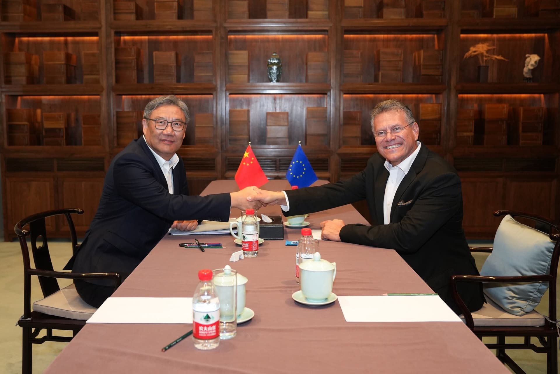 European Trade Commissioner Maros Sefcovic meets with Chinese Commerce Minister Wang Wentao for talks aimed at rebalancing EU–China trade in Beijing on Oct. 8, 2026. (Courtesy of the European Commission)