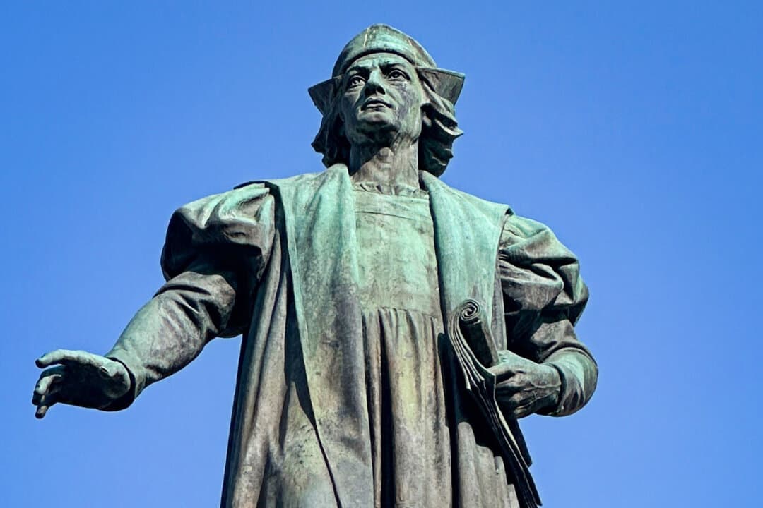 (Left) A statue of Christopher Columbus stands in downtown Syracuse, N.Y., on Sept. 5, 2025. The existence of the city's Columbus statue—and that of others throughout the United States—remains under threat as activists continue to push for their removal. (Right) Sculptor Lorenzo Baldi stands in his studio in Florence, Italy, in this historic photo. Baldi was hired to sculpt the statue of Columbus that has stood in downtown Syracuse since 1934. (Michael Hill/AP Photo, Courtesy of Anthony Illacqua)