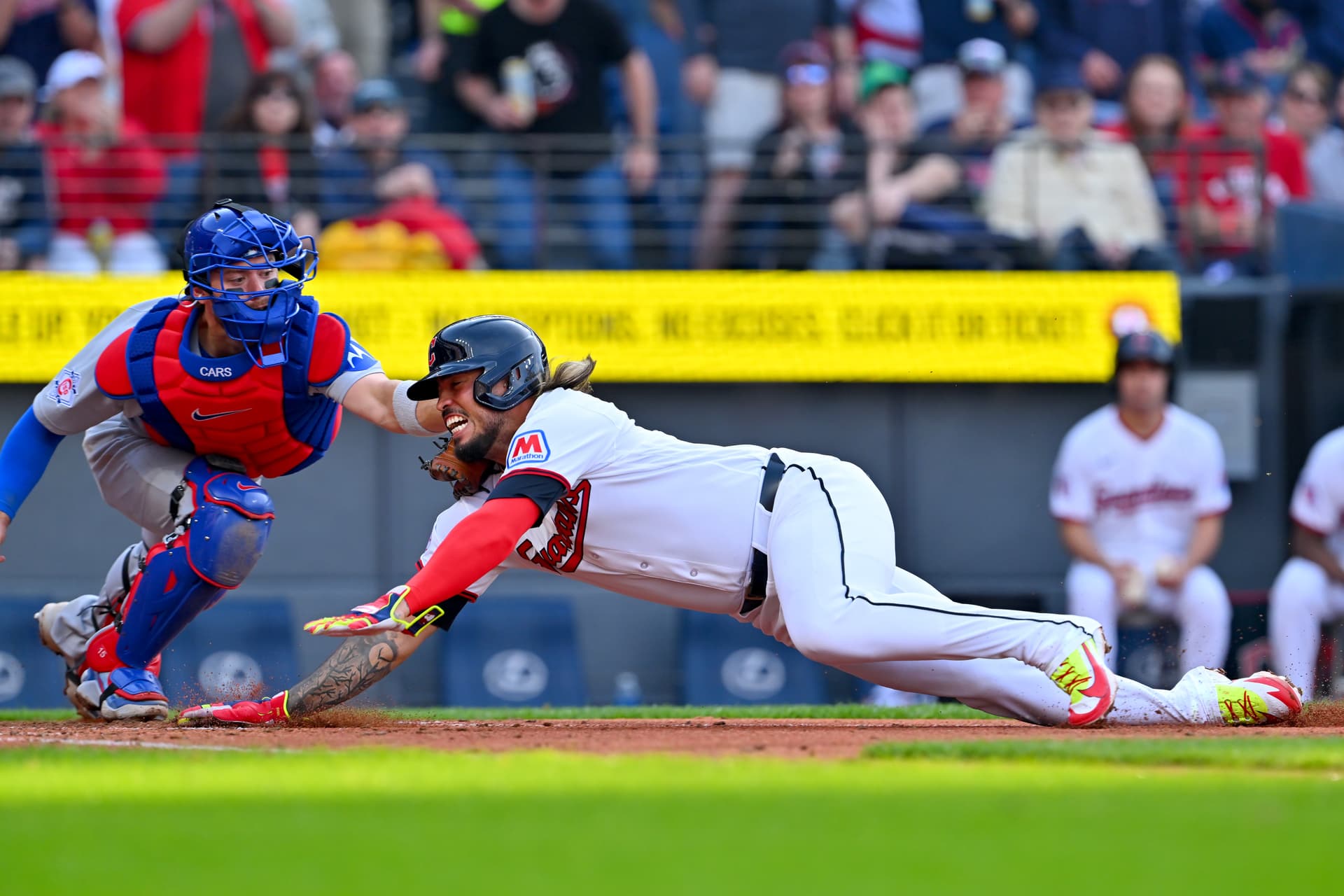 Catcher Carson Kelly of the Chicago Cubs tags out Gabriel Arias of the Cleveland Guardians to end the fifth inning of the home opener at Progressive Field in Cleveland on April 3, 2026. (Jason Miller/Getty Images)