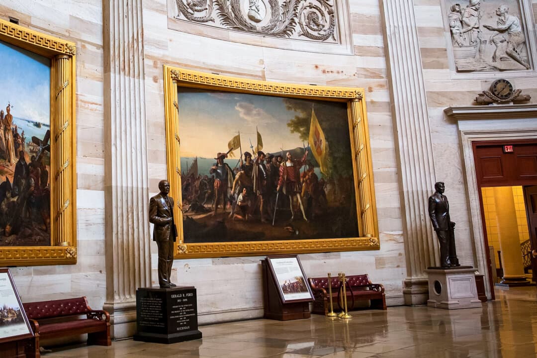 John Vanderlyn’s painting “Landing of Columbus” hangs in the rotunda of the U.S. Capitol on Jan. 10, 2024. (Senate Democrats/CC BY 2.0)