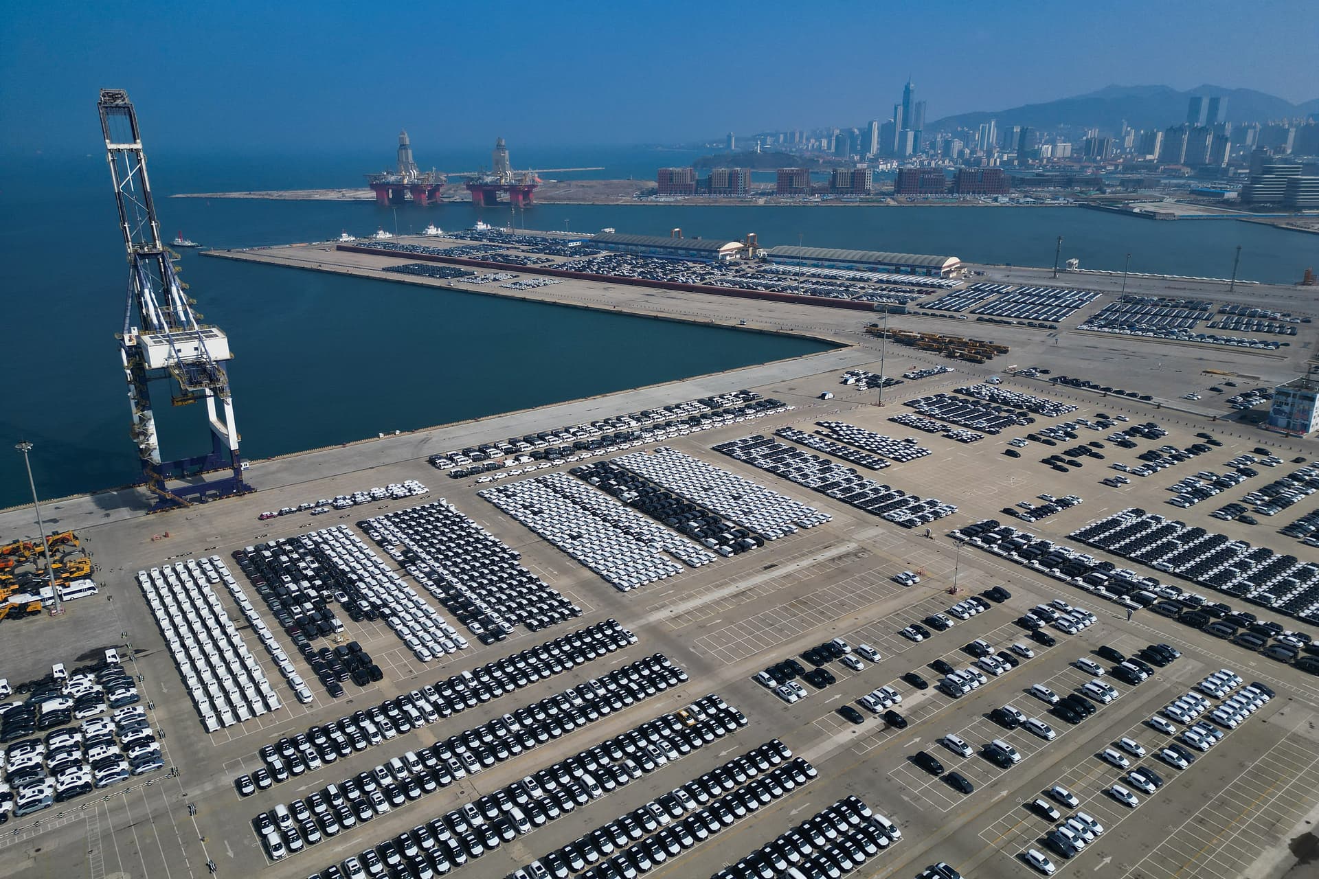 Aerial view of domestic vehicles waiting to be loaded onto a Ro-Ro ship for export at Yantai Port in Yantai, China, on April 10, 2026. (Getty Images)