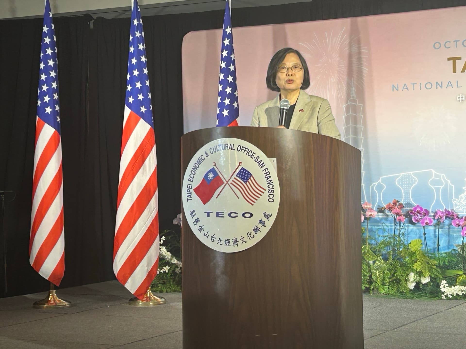 Former Taiwanese President Tsai Ing-wen speaks at a Taiwanese National Day celebration in Foster City, Calif., on Oct. 7, 2026. (Nathan Su/The Epoch Times)