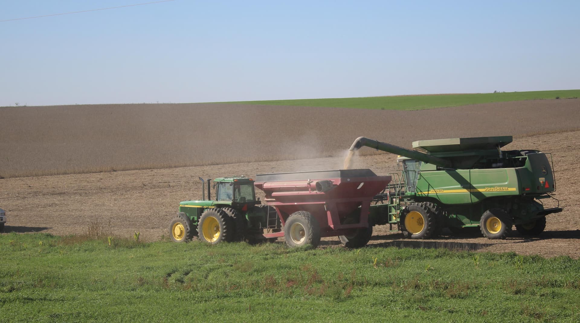 A combine offloads in a field outside of Lindsay, Neb., on Oct. 12, 2026. (Michael Clements/The Epoch Times)