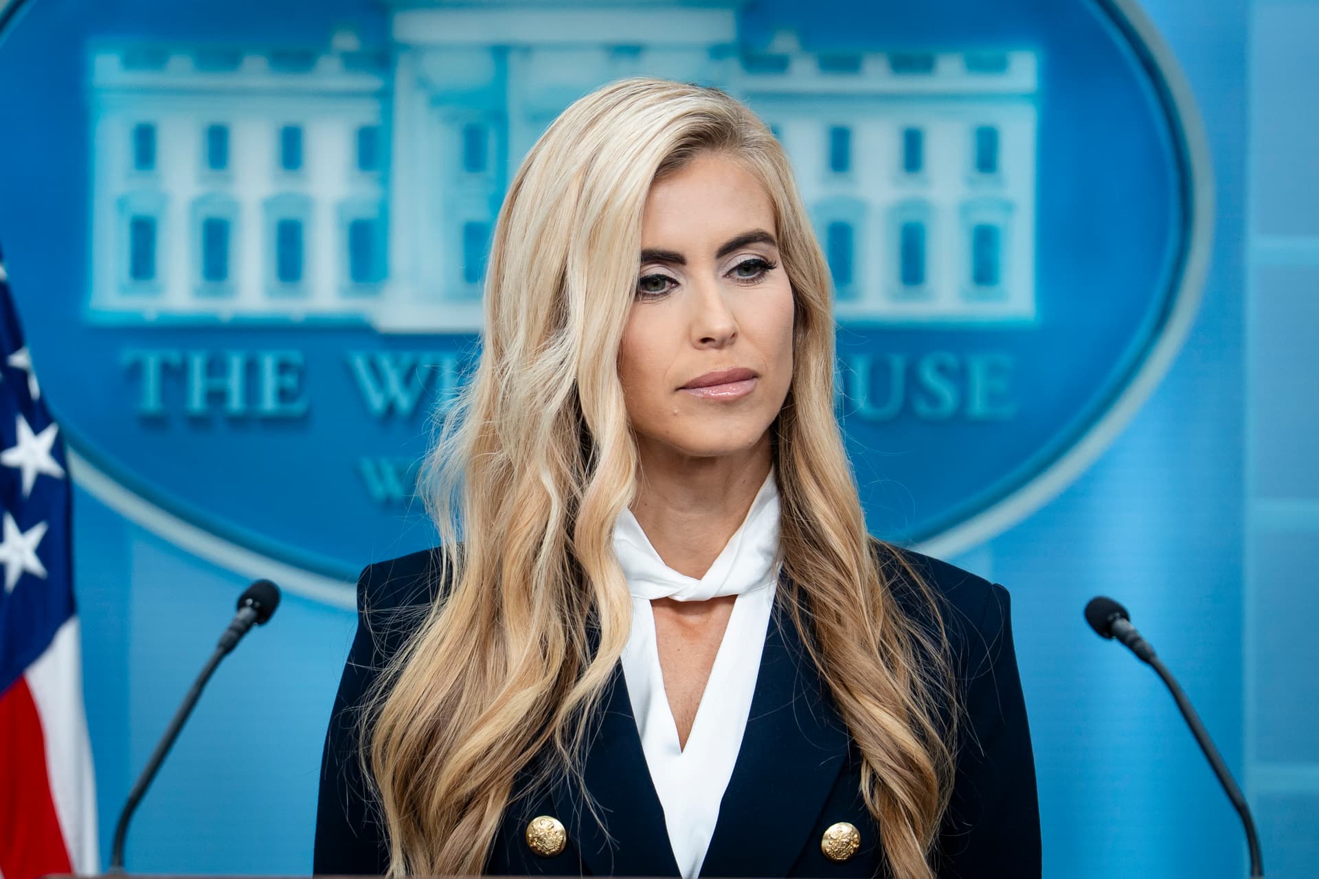 White House press secretary Katie Zacharia speaks during her first press briefing at the White House on Oct. 13, 2026. (Madalina Kilroy/The Epoch Times)