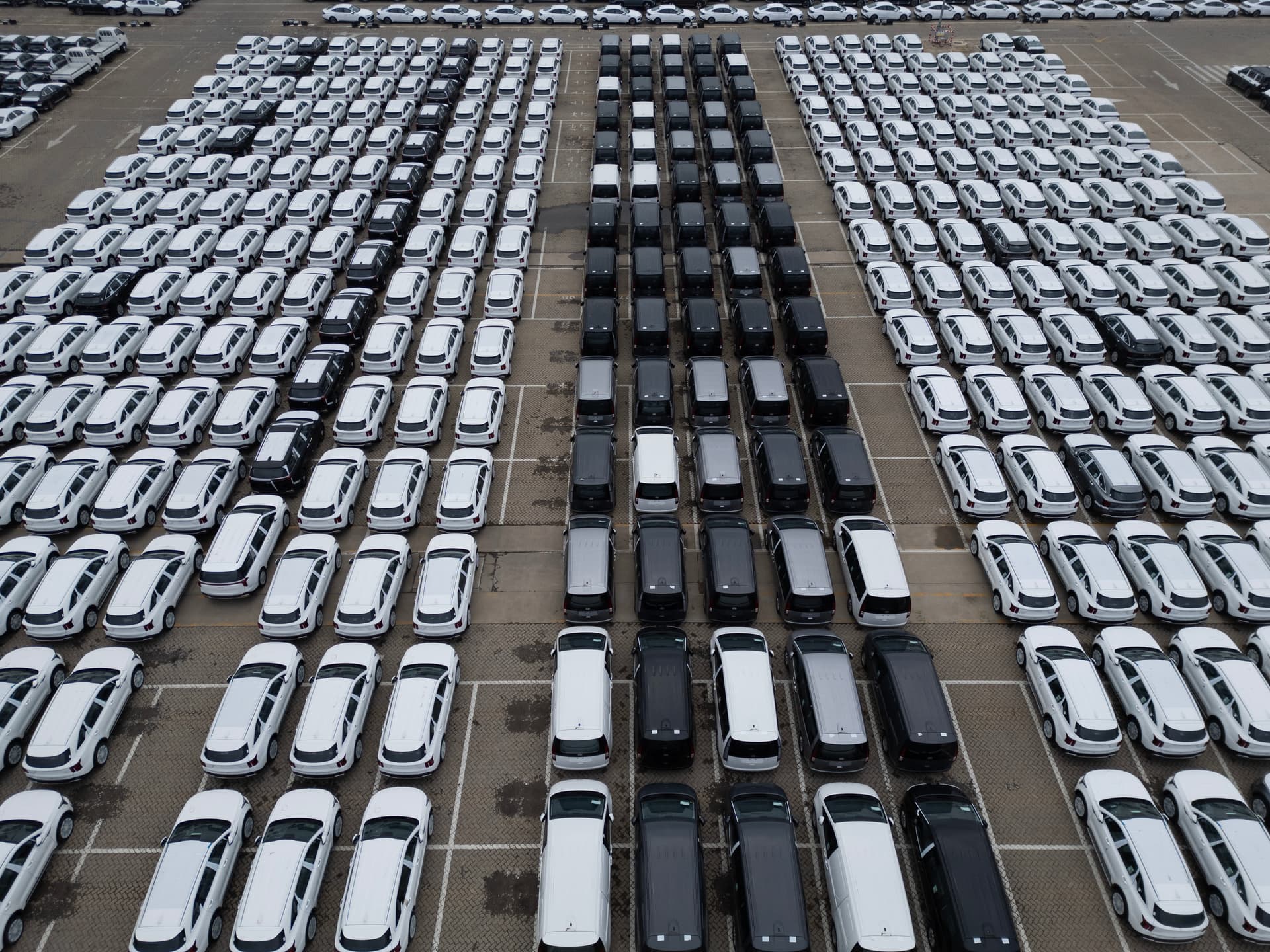 Aerial view of electric vehicles (EV) waiting to be loaded onto a ro-ro ship for export at Yantai port in Yantai, China, on April 10, 2026. (Getty Images)