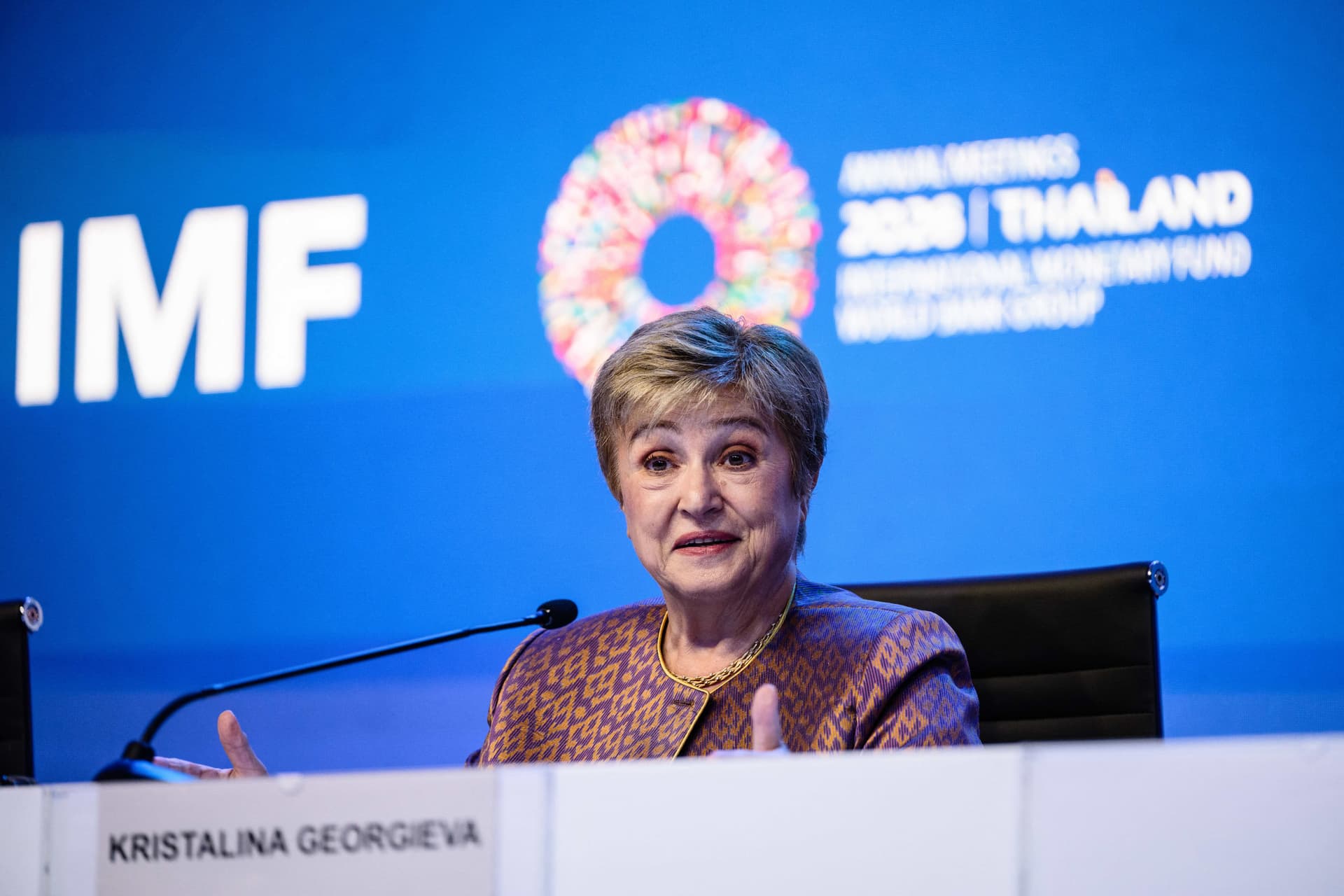 IMF Managing Director Kristalina Georgieva speaks during the Managing Director briefing on the Global Policy Agenda at the 2026 IMF-World Bank Group Annual Meetings at the Queen Sirikit National Convention Center (QSNCC) in Bangkok, Thailand, on Oct. 14, 2026. (Anthony Wallace/AFP)