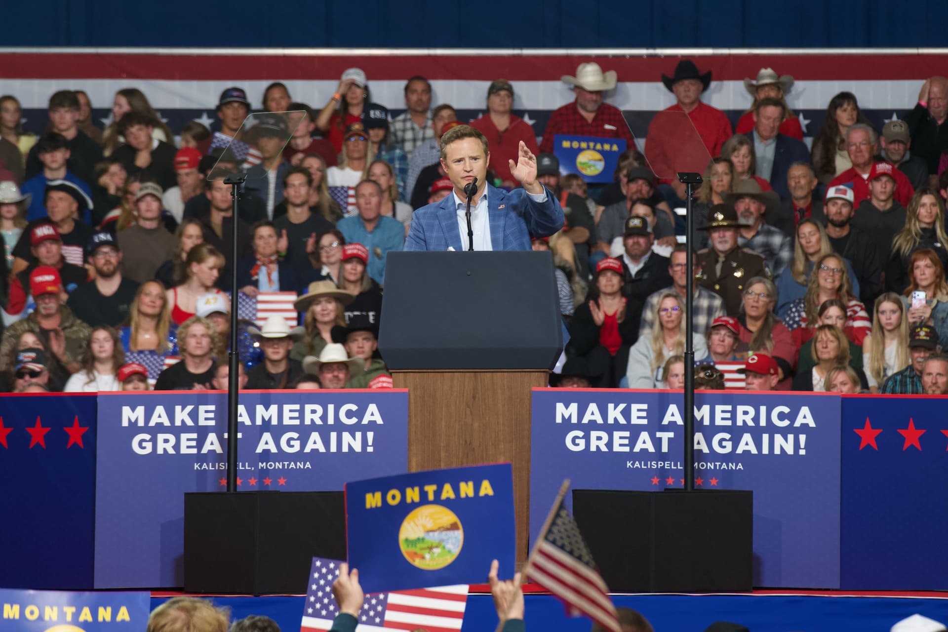 Republican congressional nominee Aaron Flint speaks during a rally in Kalispell, Mont., on Oct. 14, 2026. (Travis Gillmore/The Epoch Times)